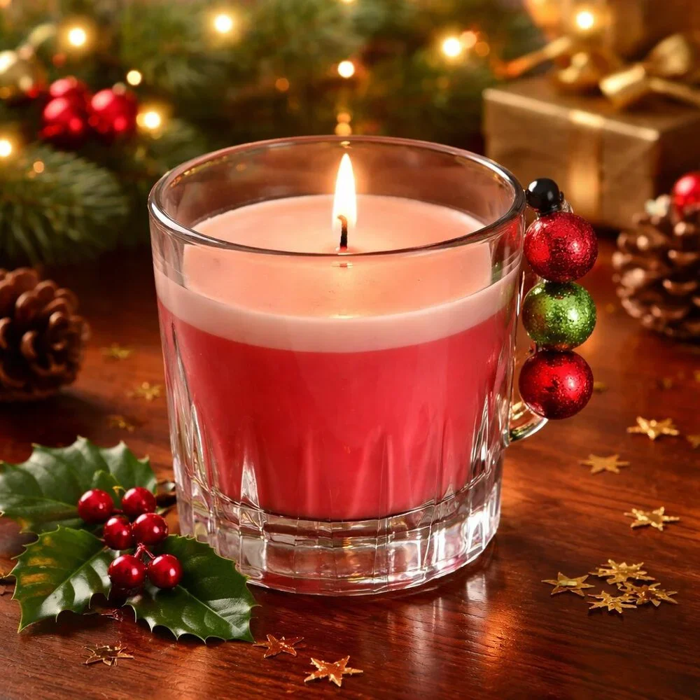 Christmas Candle‎ with Snowman and Green and Red Glitter Balls - New